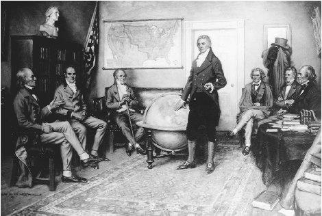 President James Monroe is depicted with his cabinet as he outlines the Monroe Doctrine, a new direction in U. S. foreign policy that demonstrated American resolve and power in the hemisphere. THE LIBRARY OF CONGRESS