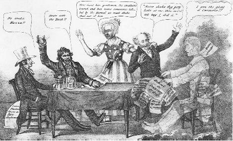 An 1837 political cartoon depicts a modern version of Macbeth, with President Van Buren recoiling in horror at the sight of the "ghost of commerce" in the midst of the economic crisis of the Panic of 1837. THE LIBRARY OF CONGRESS