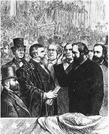 Rutherford B. Hayes takes the oath of office from Chief Justice Morrison Waite on the steps of the U.S. Capitol on 4 March 1877. The election of Hayes remains one of the most controversial in American history. THE LIBRARY OF CONGRESS