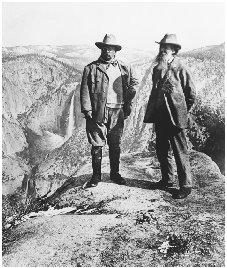 Theodore Roosevelt (left) was noted for his conservationist policies as president. Here he stands with naturalist John Muir at Glacier Point, Yosemite Vally, California, in 1906. They collaborated on setting aside forest preserves in the area. BETTMANN/CORBIS