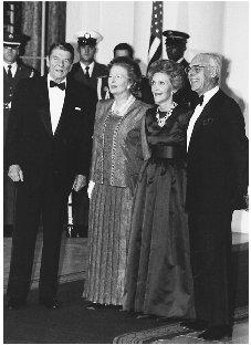 President and Mrs. Reagan entertain British Prime Minister Margaret Thatcher and her husband, Dennis, prior to a state dinner at the White House in 1988. Reagan and Thatcher were strong allies and like-minded about Cold War strategies. CORBIS/BETTMANN