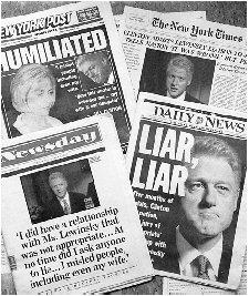New York City newspapers blare the headlines the day after President Clinton's admission to a national television audience of an inappropriate relationship with a former White House intern. AP/WIDE WORLD